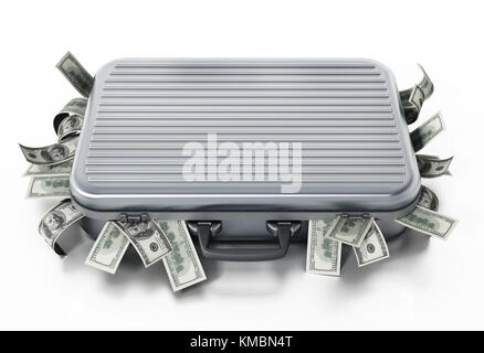 Dollar Pfähle in Aktenkoffer auf weißem Hintergrund. 3D-Darstellung. Stockfoto