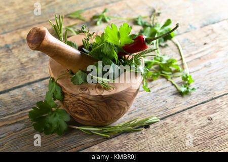 Hölzerne Mörser mit Koriander, Rosmarin, Thymian und Petersilie. Stockfoto