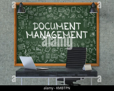 Document Management Konzept. doodle Symbole auf dem Schwarzen Brett. 3d. Stockfoto