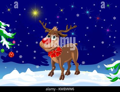 Rotwild im Winterwald. Hirsch Rudolph im Winter Wald am Vorabend von Weihnachten. Stock Vektor