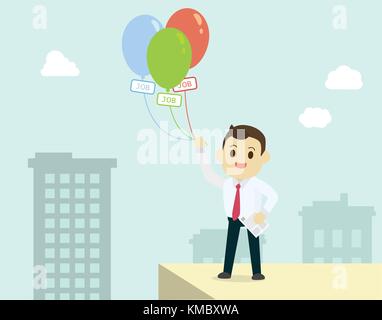 Unternehmer halten bunte Ballon mit Job Card und Stadt Hintergrund. Ein job Konzept finden. Vector Illustration Stock Vektor