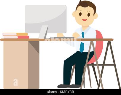 Young Business Mann an Schreibtisch mit Computer und isoliert weißer Hintergrund. Vector Illustration. Stock Vektor