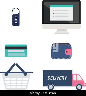 E-commerce Icons Set vector.computer mit Preisschild, Kreditkarte, Portemonnaie, Warenkorb und Lieferung Auto Stock Vektor