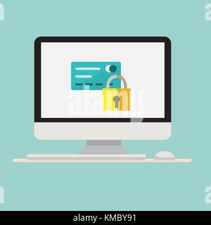 Computer mit Verriegelung und Kreditkarte Symbol auf screen.computer mit Tastatur und Maus. Sicherheit Zahlung online Konzept. Vector Illustration Stock Vektor
