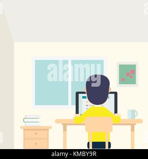 Junge Mann in seinem Zimmer mit Laptop und Schale auf dem Tisch Vector Illustration. Stock Vektor