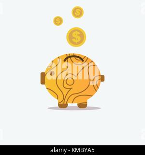 Schwein Bank und Holz Textur mit Münze Symbol. Geld sparen Konzept. Vector Illustration. Stock Vektor