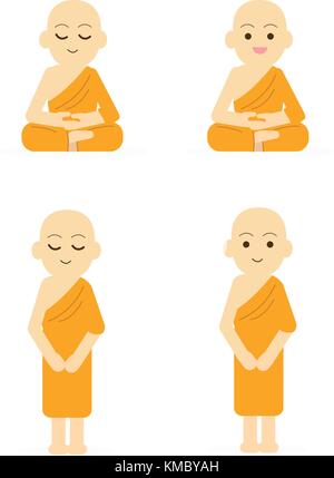 Mönch cartoon friedliche isoliert weißer Hintergrund. Buddha Zeichensatz Vector Illustration Stock Vektor