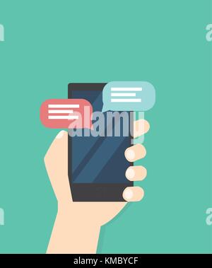 Hand mit Phone chat Nachricht Vector Illustration auf Farbe Hintergrund isoliert. Konzept der Online reden, Sprechen, Konversation Stock Vektor