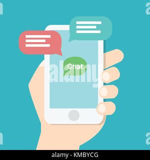 Hand, Smart Phone, mit der Anwendung auf dem Bildschirm und rede Chat Box, online Konzept chatten. Moderne grafische Elemente für Websites. Flaches Design Stock Vektor