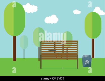 Park- und öffentliche Plätze und Blau bin Seite mit Baum, Wolken und Himmel Vector Illustration Stock Vektor