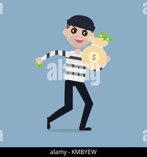 Einbrecher laufen weg mit Sack Geld, Dieb Zeichentrickfigur stehlen Geld Konzept Vector Illustration Stock Vektor