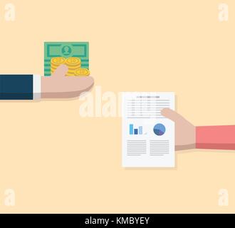 Business Hand Geld wechseln und Person Hand geben Daten Papier. Handel Vector Illustration Stock Vektor