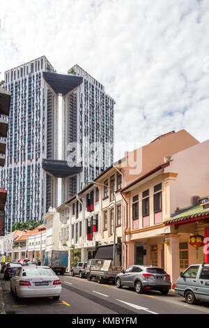 Straße chinesische Geschäftshäuser und modernen Apartments, Keong Saik Road, Chinatown, Singapur Stockfoto