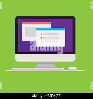 Flachbild Computer Design mit Tastatur und Maus, Fenster Registerkarte auf blauen Bildschirm Vector Illustration. Stock Vektor