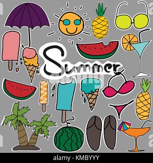 Einstellen der netten Aufkleber Hand gezeichnet Sommer. Stock Vektor