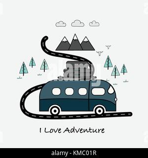 Ich liebe Abenteuer Typografie mit Van, Berge und Wald Baum. Stock Vektor