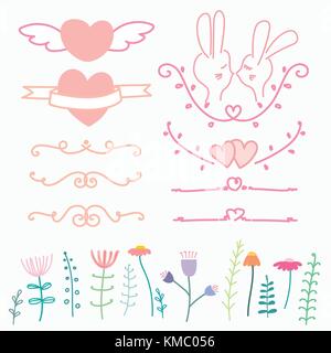 Sammlung von Hand gezeichnet Schön für Hochzeit. doodle Vektor-illustration gehören Herz, Blume und Kaninchen. Stock Vektor