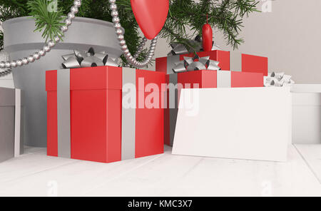 Weihnachtsbaum mit Geschenken und weißes Papier Karte. 3D-Rendering. Stockfoto