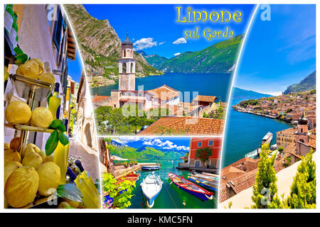 Limone sul Garda collage Postkarte mit Label, Gardasee in der Region Lombardei Stockfoto