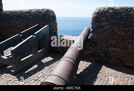 Francis Drake, berühmter britischer Segler, wuz hier - in Kap Verde's Forte Real de São Felipe (das auf 1587 datiert)'. Die rekonstituierte Festung steht auf der Hauptinsel des Archipels, Santiago. Stockfoto