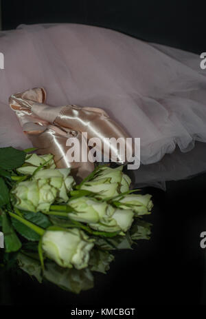 Satin Ballet Shoes, rosa Tutu und rosa Blüten auf schwarzem reflektierenden Hintergrund Stockfoto