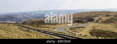 Landschaft Panorama Panoramablick auf das grüne Gras Hügel auf dem Berg des Great Orme in Llandudno, Wales. Stockfoto