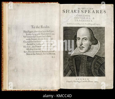 Titel von "The First Folio" die erste Ausgabe seiner Gesammelten Werke" Herr William Shakespeares Komödien, Geschichten und Tragödien", die erstmals in 1623 veröffentlichte, Gravur von William Shakespeare (1564-1616) von Martin Droeshout (1601-1650). Stockfoto