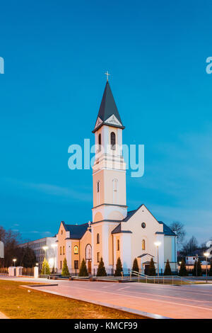 Gomel, Belarus. Kirche der Geburt der Jungfrau Maria auf Sovetskaya Street in der Beleuchtung der Abend oder Nacht beleuchtung. Stockfoto