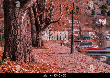 Malerischer Blick auf die Fußgängerzone Gasse, bedeckt mit dichten bunten folliage am Ufer des Orestiada See in Kastoria. Stockfoto