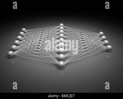 Künstliche flachen neuronales Netzwerk Struktur, Seitenansicht, Abbildung mit Schaltplan metallische Modell, 3D-Rendering Stockfoto