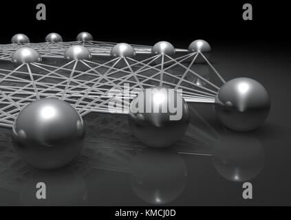 Künstliche flachen neuronales Netzwerk Fragment, cg Abbildung mit Schaltplan metallische Modell, 3D-Rendering Stockfoto