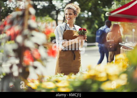 Lächelnde weibliche Floristin, die im Blumengeschäft Schaufenster arbeitet Stockfoto