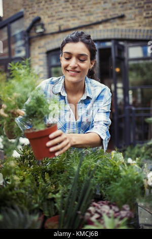 Junge Frau im Garten, hält Topfpflanze auf der Terrasse Stockfoto