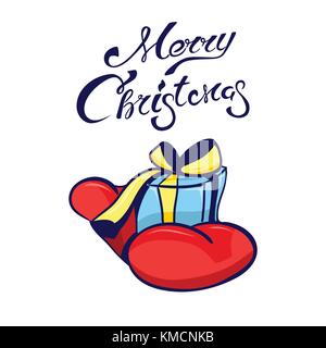 Jahrgang Frohe Weihnachten und guten Rutsch ins Neue Jahr Karte Vorlage mit Weihnachtsmänner, Hand mit einem Geschenk Box gezogen Gruß text Stock Vektor