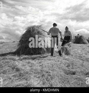 1950, historische, Mann und Frau Bauern stehen draußen in ein Feld, mit dem man mit einer Heugabel das Heu in einen Stapel, England, UK zu sammeln. Stockfoto