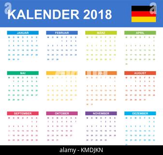 Deutscher Kalender für 2018. Scheduler, Agenda oder Tagebuch Vorlage. Woche beginnt am Montag Stock Vektor