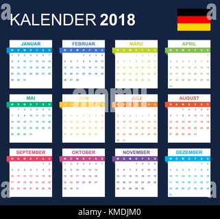 Deutscher Kalender für 2018. Scheduler, Agenda oder Tagebuch Vorlage. Woche beginnt am Montag Stock Vektor