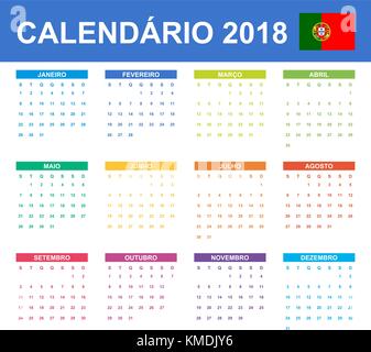 Portugiesische Kalender für 2018. Scheduler, Agenda oder Tagebuch Vorlage. Woche beginnt am Montag Stock Vektor