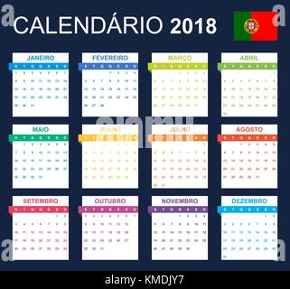 Portugiesische Kalender für 2018. Scheduler, Agenda oder Tagebuch Vorlage. Woche beginnt am Montag Stock Vektor