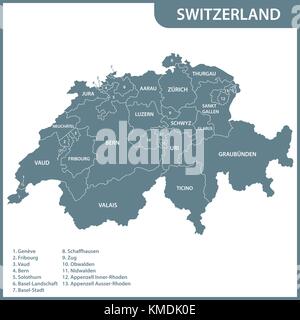 Die detaillierte Karte der Schweiz mit Regionen oder Mitgliedstaaten Stock Vektor