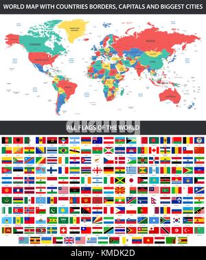 Alle Flaggen der Welt in alphabetischer Reihenfolge und detaillierte Welt Karte mit Grenzen, Länder, große Städte Stock Vektor