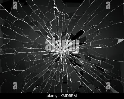 Einschussloch und zersplitterte oder zertrümmerte Glasstücke auf weiß. 3D-Rendering 3D-Abbildung Stockfoto
