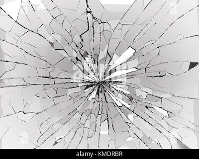 Schussloch und Bruchstücke von zersplittertem oder zertrümmertem Glas auf Schwarz. 3D-Rendering 3D-Abbildung Stockfoto