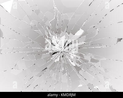 Einschussloch und Bruchstücke von zertrümmertem oder zertrümmertem Glas. 3D-Rendering 3D-Abbildung Stockfoto