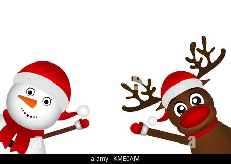 Schneemann mit Rentier, stehend auf einem weißen Hintergrund Stock Vektor