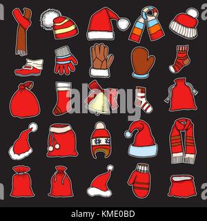 Vector Illustration der Sammlung von Red Caps, Socken und Handschuhe isoliert auf Schwarz. graviert traditionelle Weihnachten Dekoration Element für Gruß und Stock Vektor