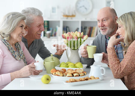 Zwei ältere Paare Tee trinken. Stockfoto