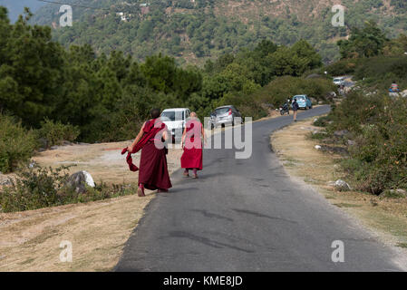 Zwei Mönche zu Fuß entlang der Straße in einer ländlichen Gegend auf dem Weg zu ihrem Kloster. Stockfoto