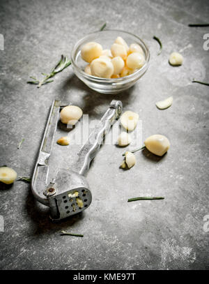 Knoblauch in einer Glasschale und drücken Sie Knoblauch. Auf einem Stein. Stockfoto