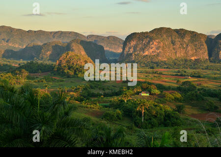 Sonnenaufgang über den Kalkstein-Mogoten-Formationen im Vinales-Tal, Kuba Stockfoto